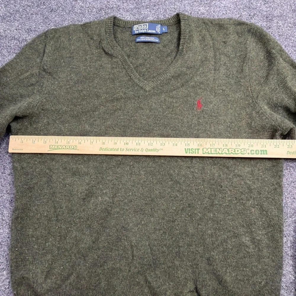 VTG Polo Ralph Lauren Olive Green Lambs Wool V-Neck‎ Sweater Size Large Pullover